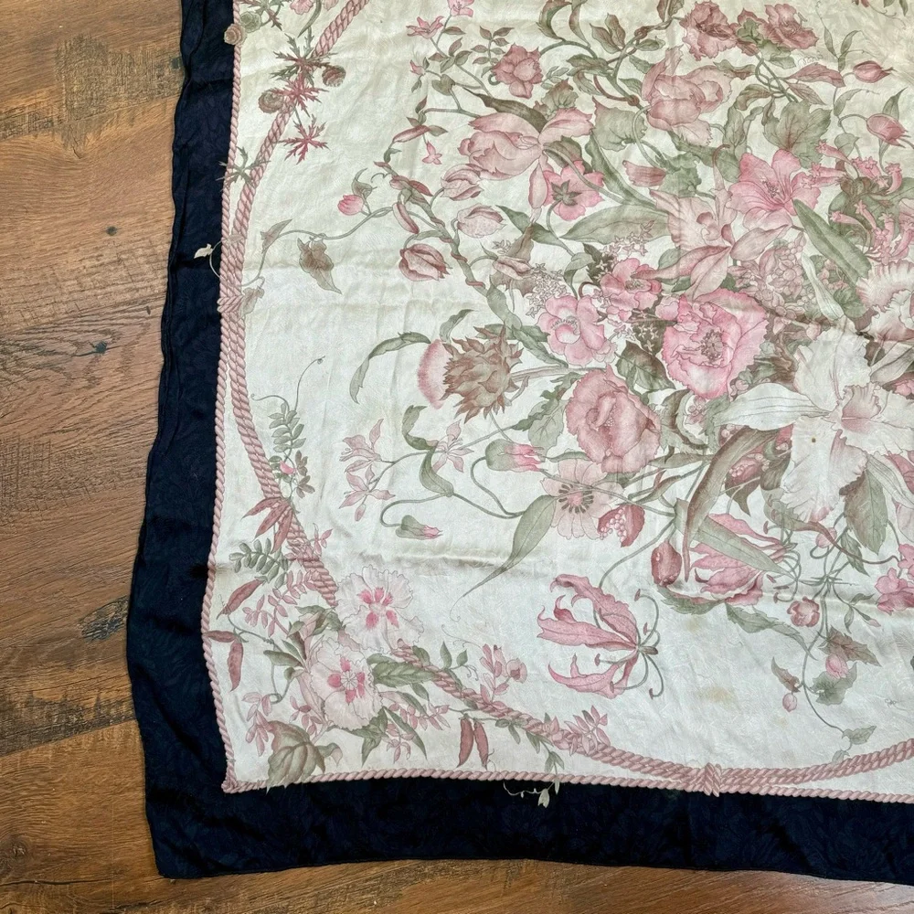 Hiroko for Dozo Cream / Pink Floral  Black Trim Silk Scarf